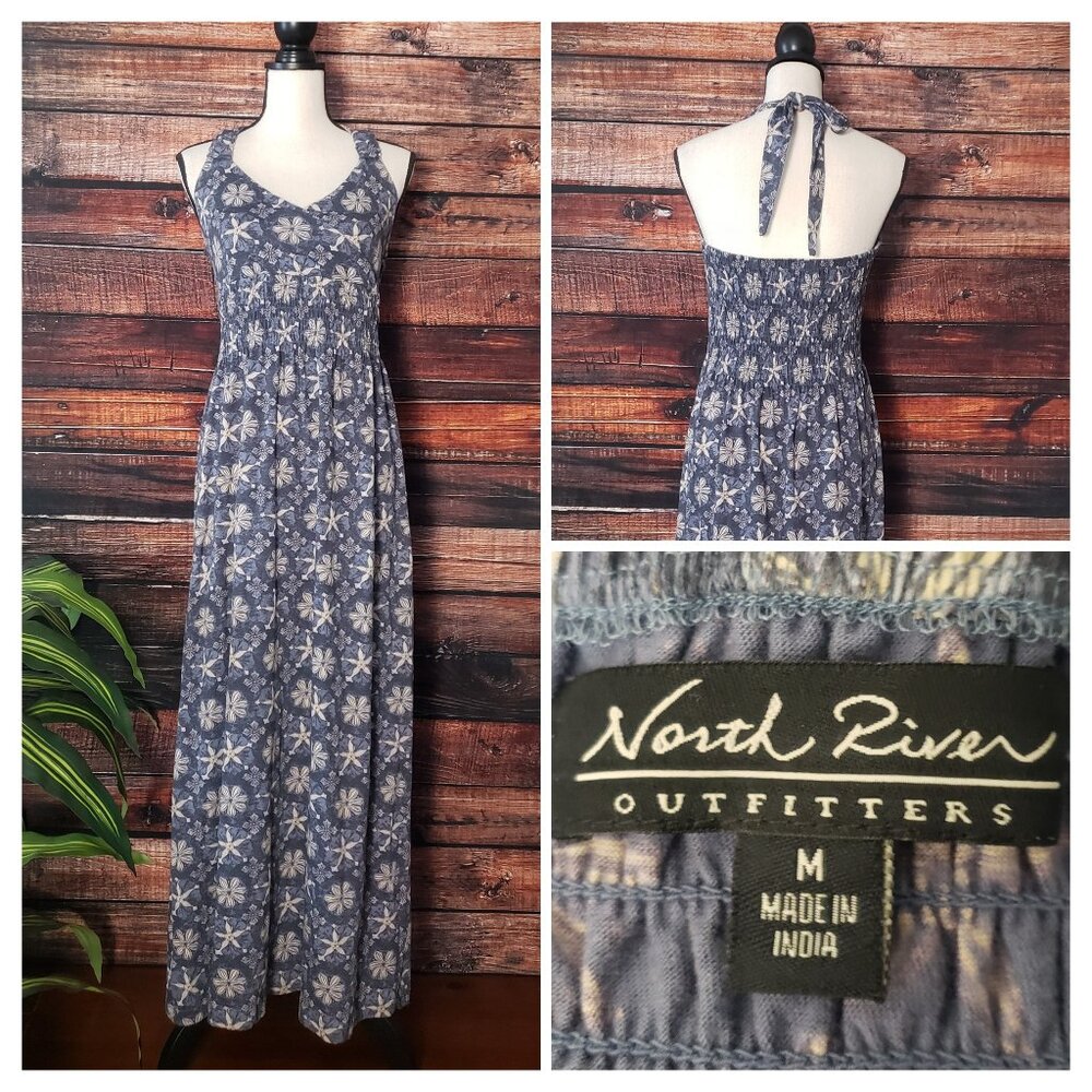 North River Outfitters Dress M Smocked Halter Maxi Blue Floral Print Cotton